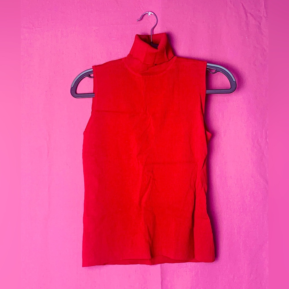 August silk Red Turtleneck Sleeveless Top